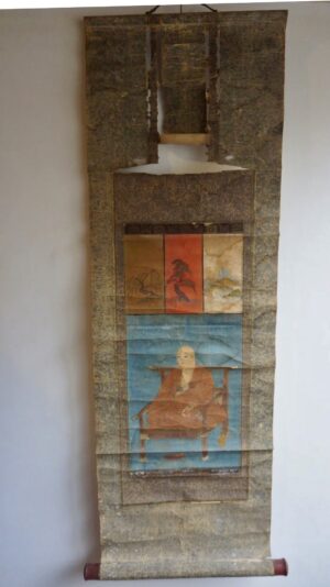 Authentic, Original Hanging Scroll of Kakejikm Buddha. Hand painted on a fiber mat with heavy cotton backing