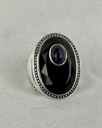 Mint ,Oversized Sterling Silver, Beveled Onyx, Purple Amethyst Ring, Size 7 - Image 4