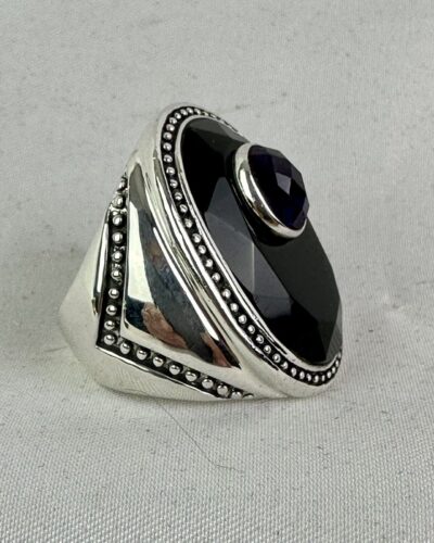 Mint ,Oversized Sterling Silver, Beveled Onyx, Purple Amethyst Ring, Size 7 - Image 5