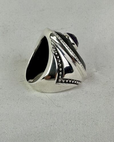 Mint ,Oversized Sterling Silver, Beveled Onyx, Purple Amethyst Ring, Size 7 - Image 7